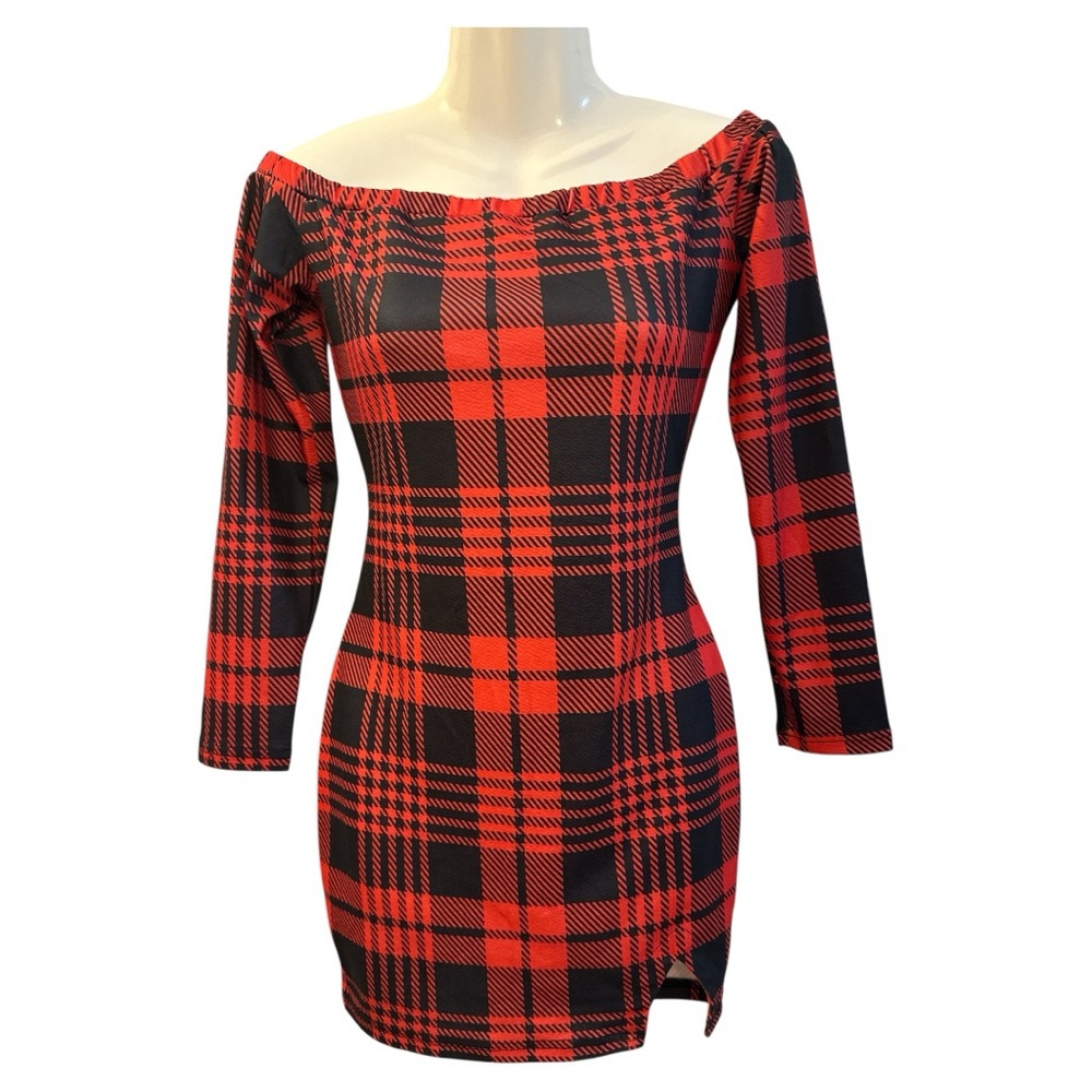Plaid Off-Shoulder Dress - Red and Black